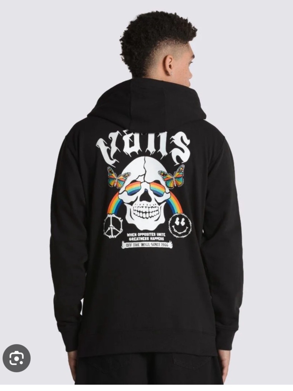 Vans Black Opposites Unite Hoodie with Rainbow Skull and Multicolor Butterflies